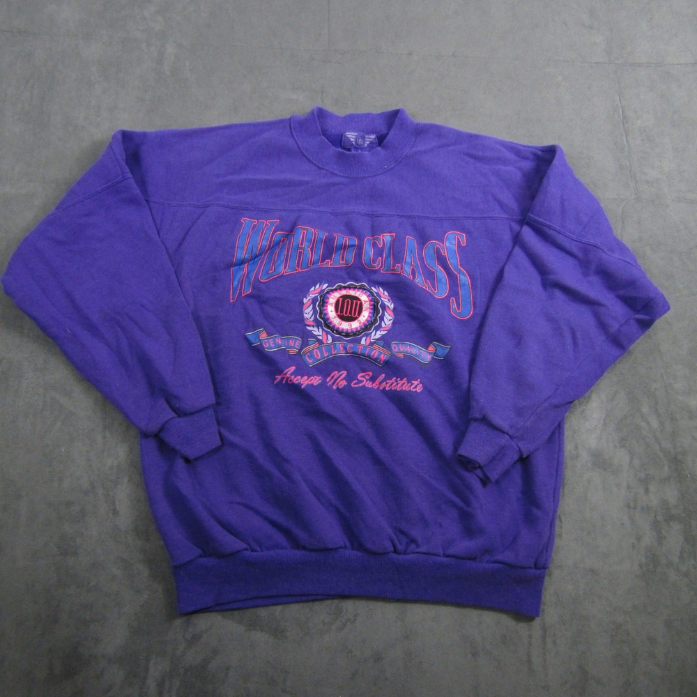 I.O.U. Sweatshirt Mens Large Purple World Class Graphic Vintage 90s Pullover